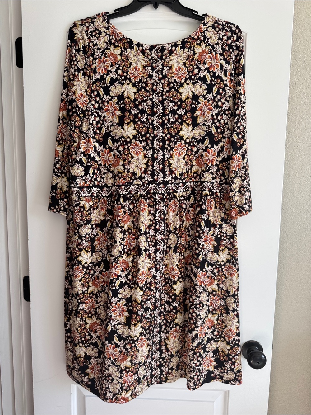 J. Jill Black Floral Empire-Waist Dress with Cream & Rust Flowers